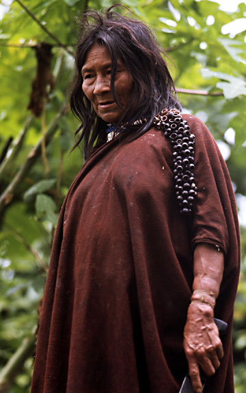 Machigenga Matriarch wearing a "cushma" tunic  in the village of Quempiri 